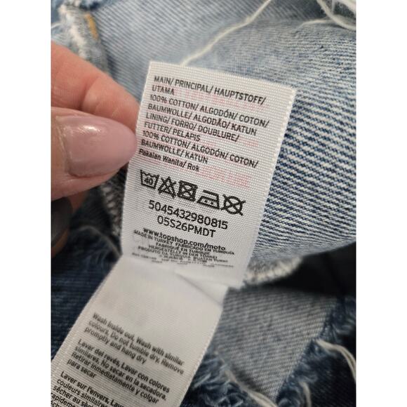 Topshop MOTO Asymmetrical Raw Hem Denim Mini Skirt Blue High Waist Size 0 - Picture 10 of 10